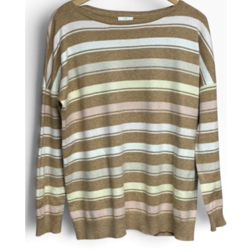 J Jill Striped Sweater Womens Medium Tan Beige Pink Yellow Relaxed Pullover - Picture 3 of 6